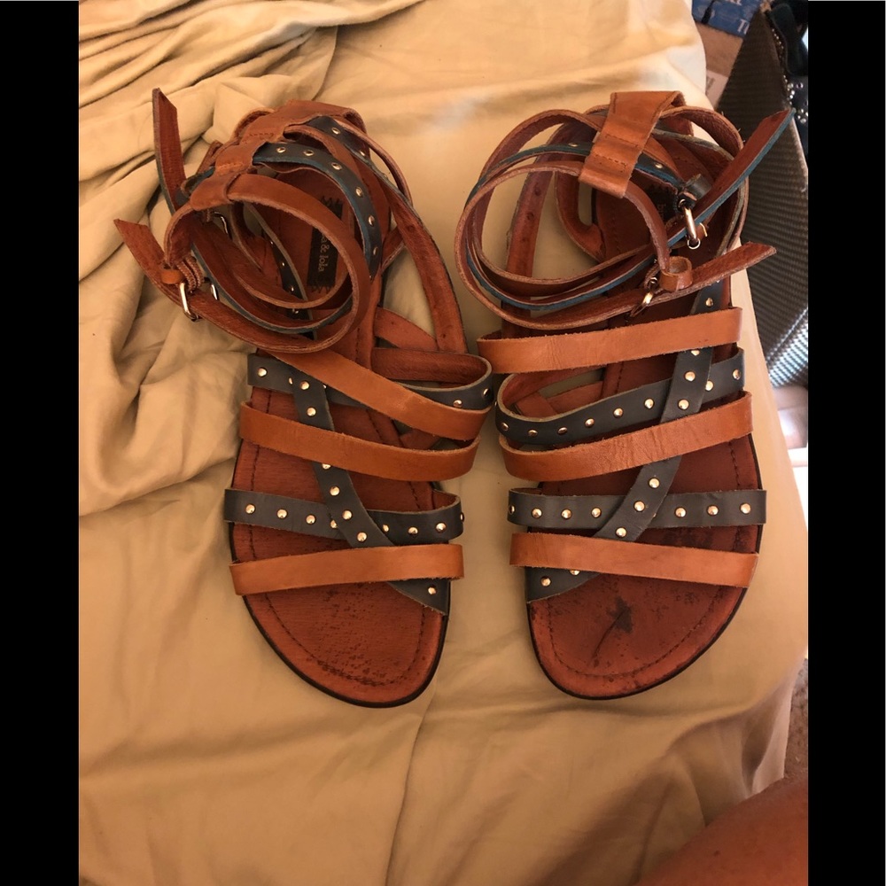 Blue and tan gladiator type sandal